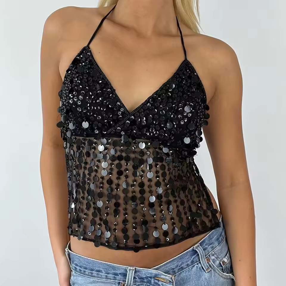 Casual Sparkle Backless Sequin Halter Sleeveless Deep V Neck Glitter Tank Top