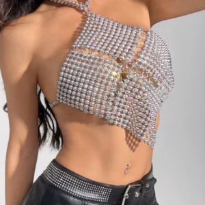 Casual Sparkly Crystal Hollow Out Backless Halter Neck Crop Top