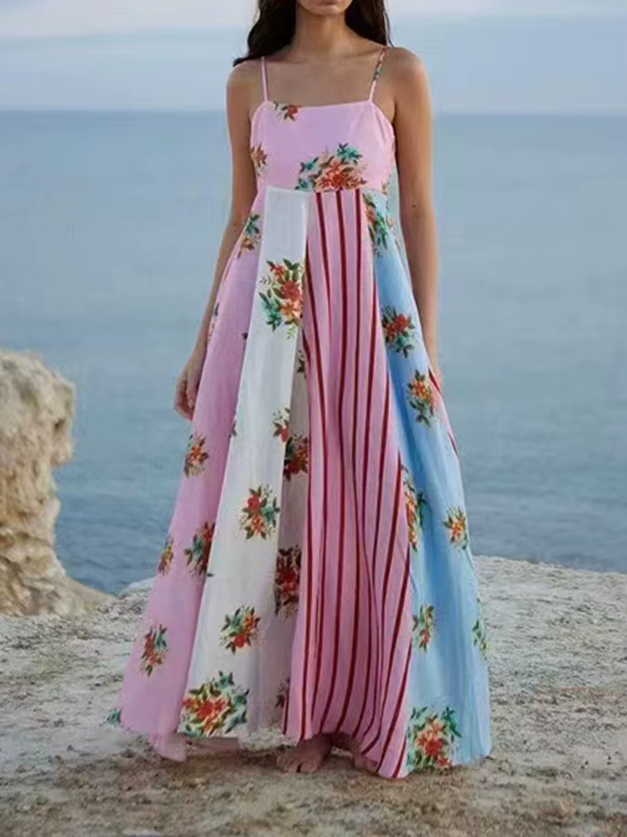 Casual Square Collar Sleeveless High Waist Patchwork Zipper Printed Maxi Dress