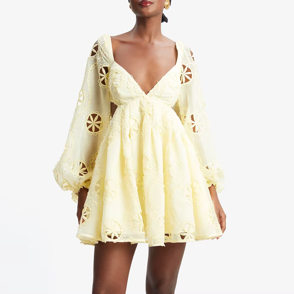 Casual Square Neck Long Sleeves Patchwork Applique Solid Mini Dress