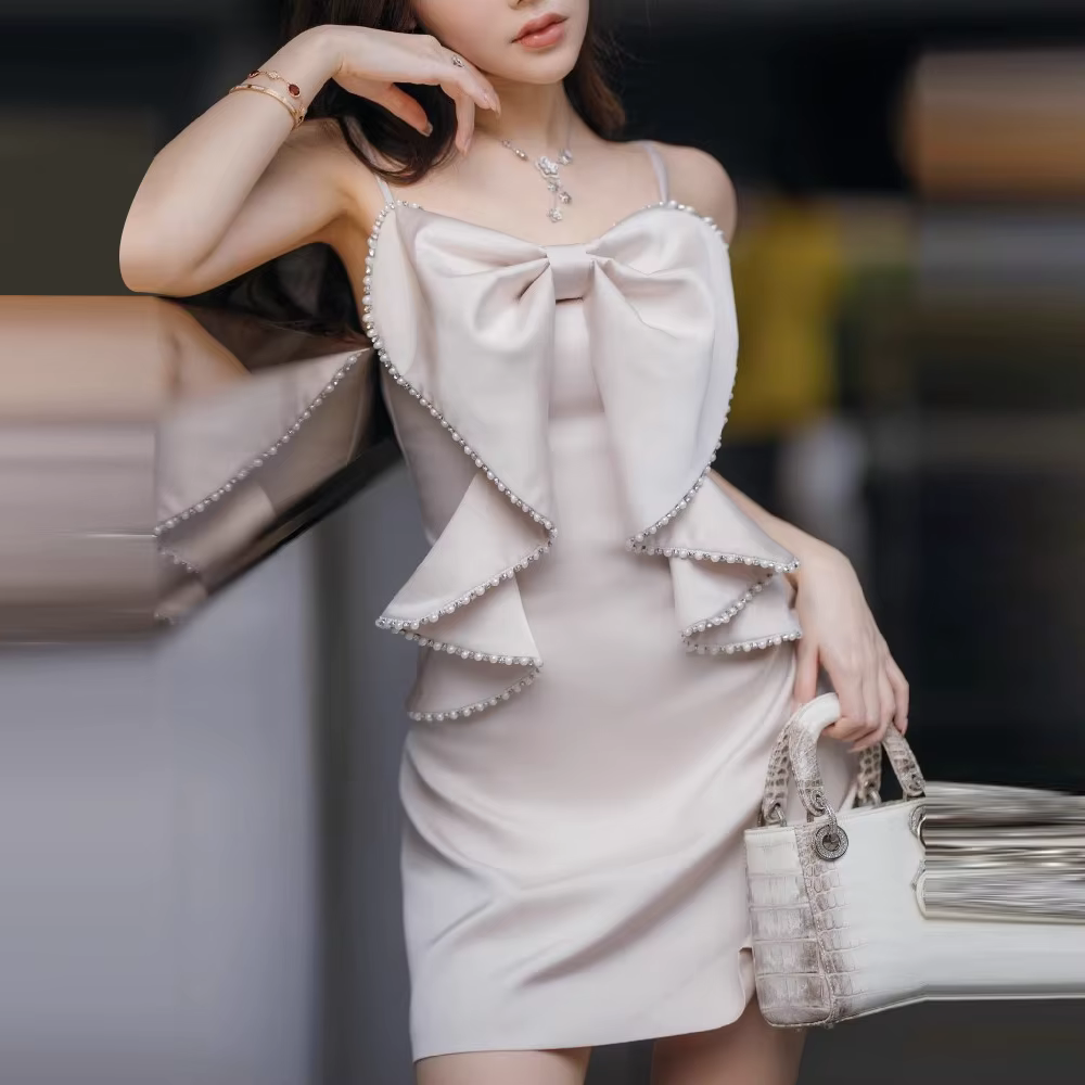 Casual Square Neck Sleeveless Patchwork Bead Tunic Bow Mini Dresses