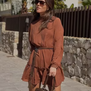 Casual Long Lantern Sleeve Lace Decorated Vertical Loose Fitted O-Neck Short Pleated Mini Dress