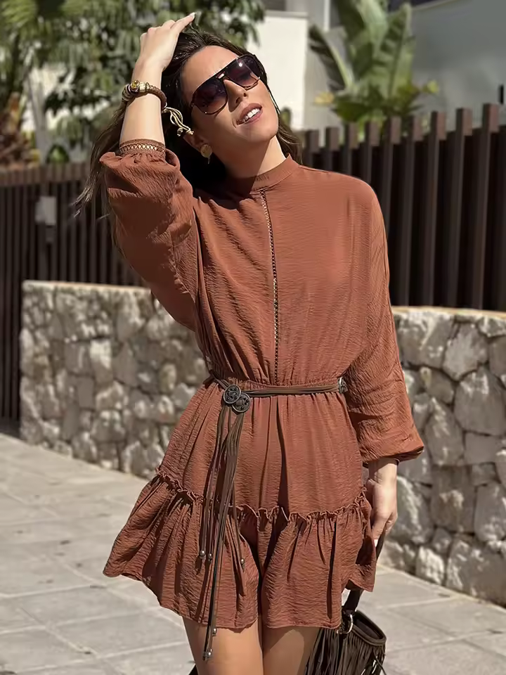 Casual Long Lantern Sleeve Lace Decorated Vertical Loose Fitted O-Neck Short Pleated Mini Dress - Image 2