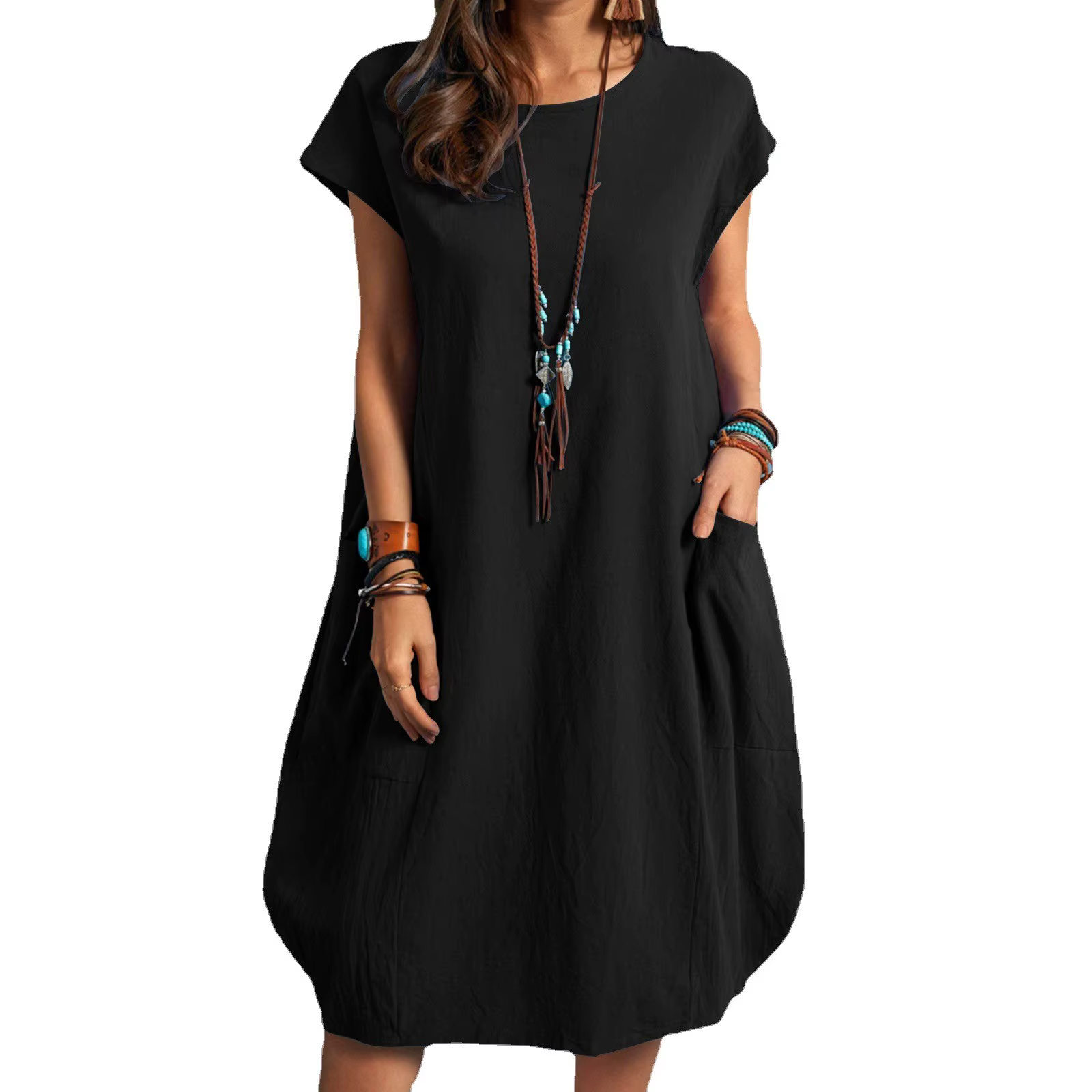 Casual Stand Alone Ebay Cotton Linen Loose Pocket O-Neck Knee-Length Dress