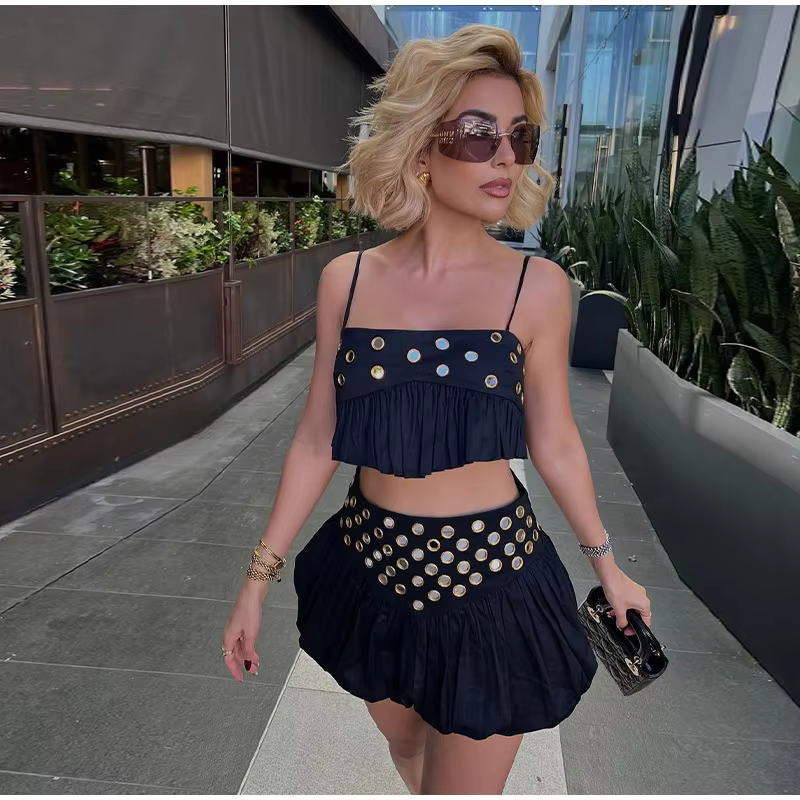 Casual Strap Ruffle Solid Slash Neck Crop Tops Mini Sequin Top Skirt Set - Image 3