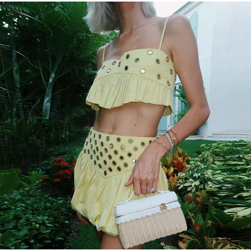 Casual Strap Ruffle Solid Slash Neck Crop Tops Mini Sequin Top Skirt Set - Image 7