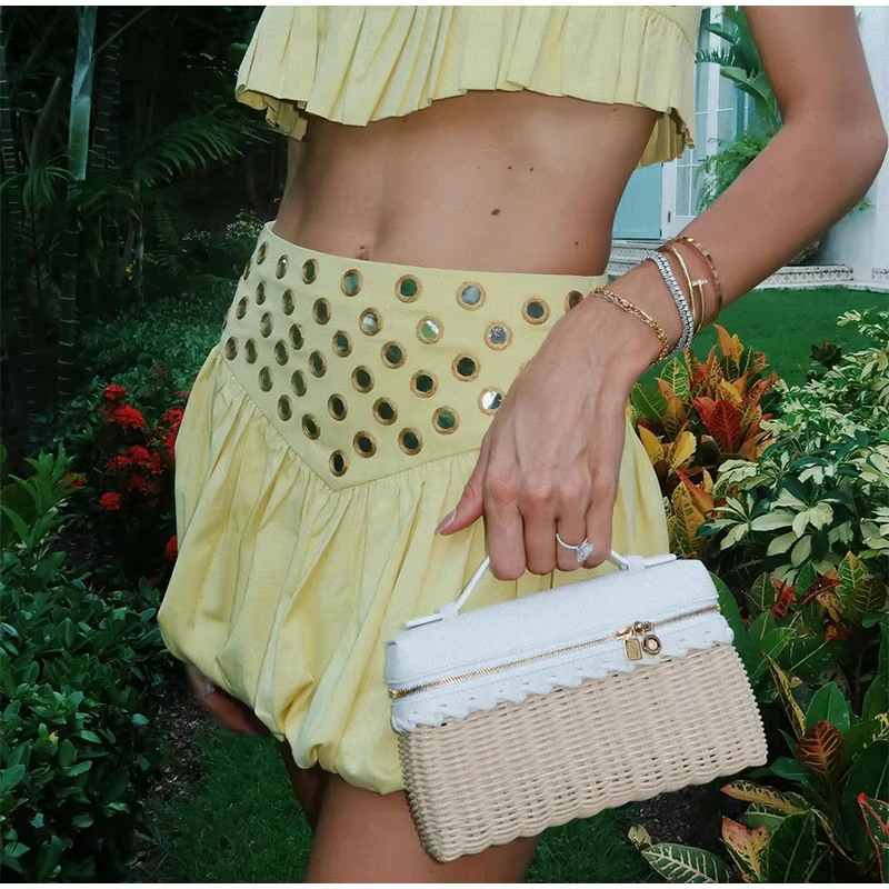 Casual Strap Ruffle Solid Slash Neck Crop Tops Mini Sequin Top Skirt Set - Image 9