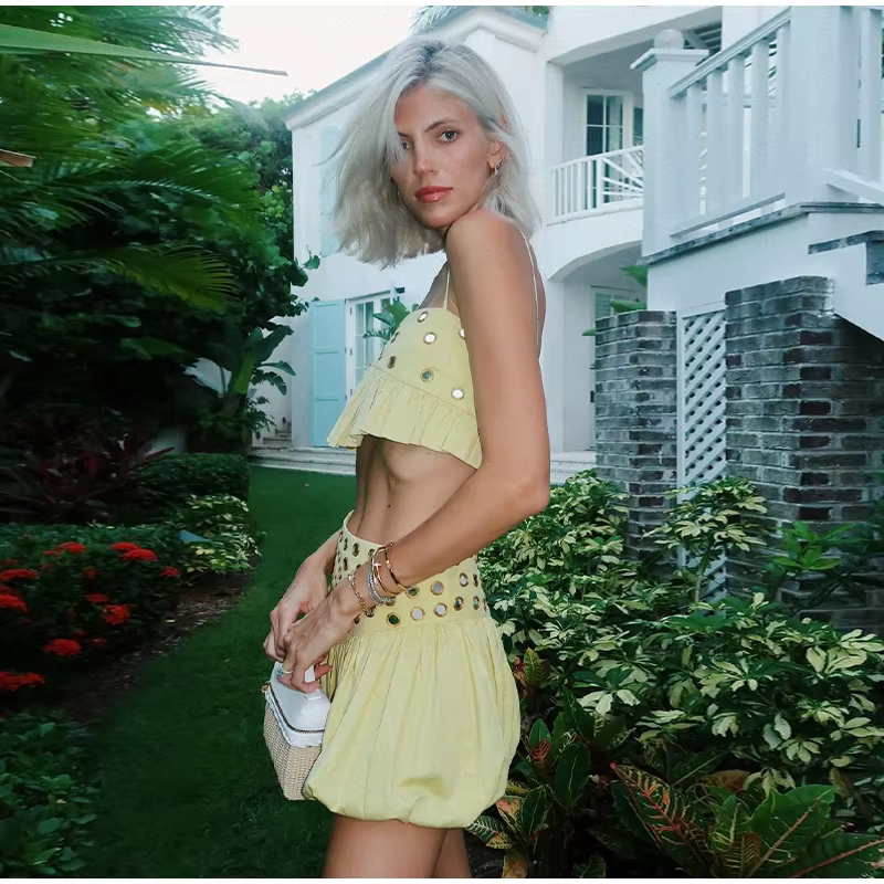 Casual Strap Ruffle Solid Slash Neck Crop Tops Mini Sequin Top Skirt Set - Image 8