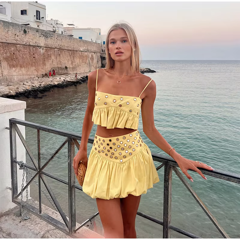 Casual Strap Ruffle Solid Slash Neck Crop Tops Mini Sequin Top Skirt Set - Image 4