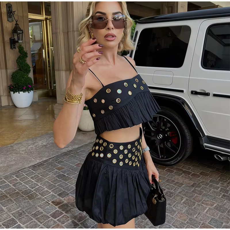 Casual Strap Ruffle Solid Slash Neck Crop Tops Mini Sequin Top Skirt Set - Image 2