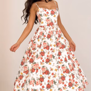 Casual Strapless A-LINE Floral Spaghetti Strap Backless Midi Dress