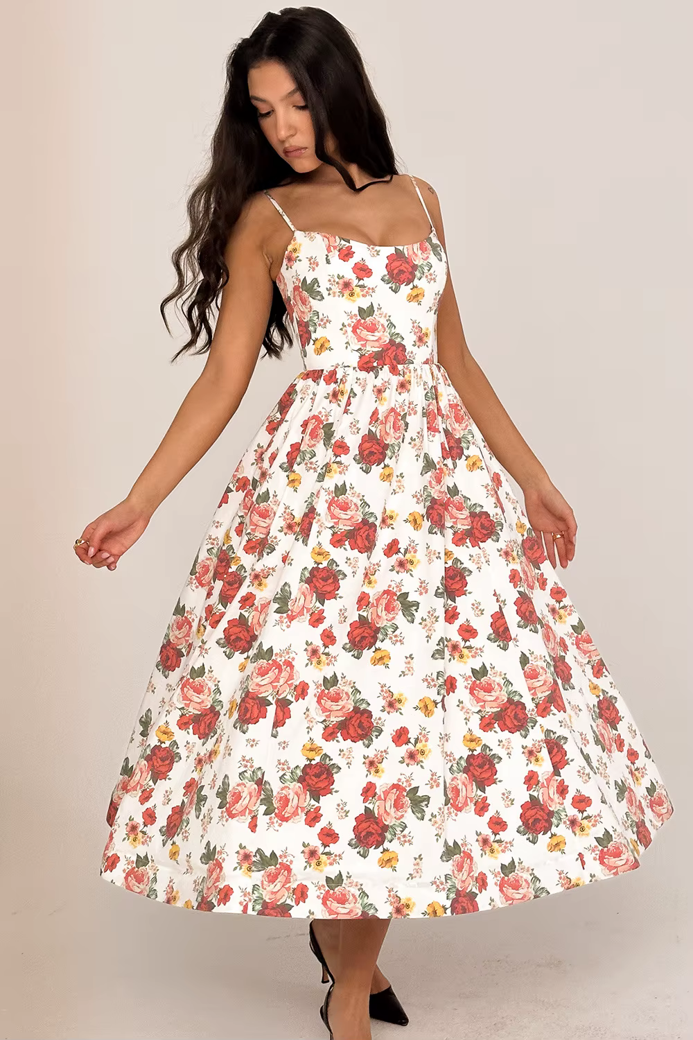 Casual Strapless A-LINE Floral Spaghetti Strap Backless Midi Dress