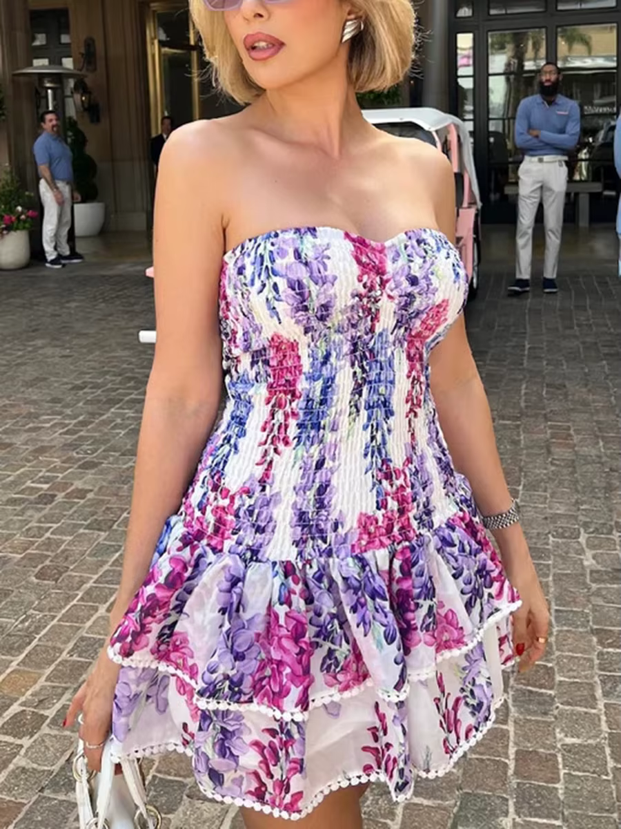 Casual Strapless Color Block Printed Spliced Ruffles High Waist Mini Dress - Image 5