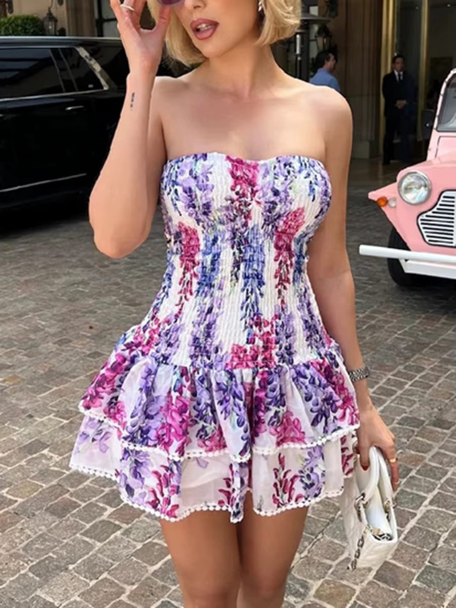 Casual Strapless Color Block Printed Spliced Ruffles High Waist Mini Dress - Image 4