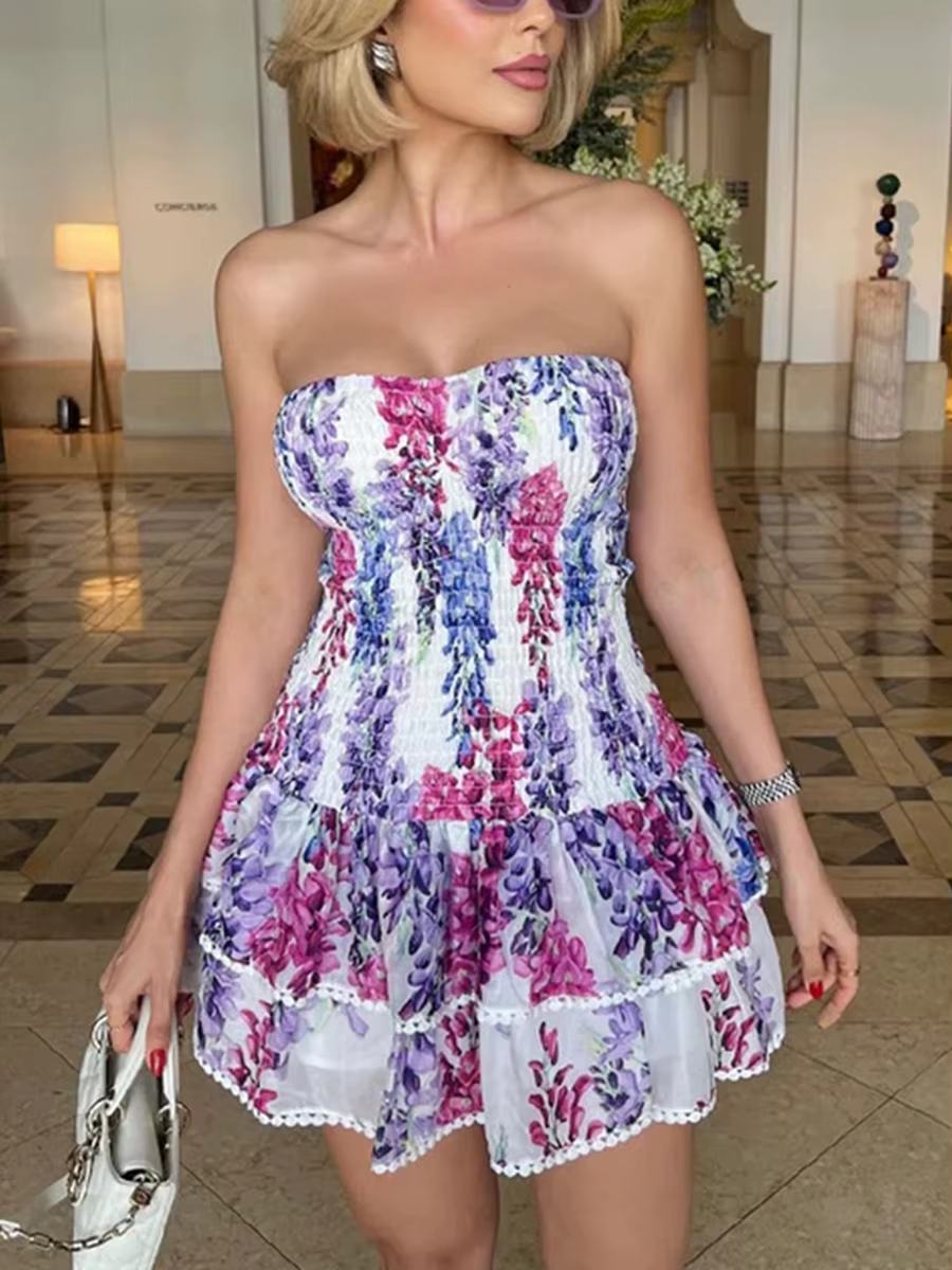 Casual Strapless Color Block Printed Spliced Ruffles High Waist Mini Dress - Image 2