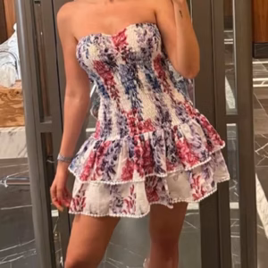 Casual Strapless Color Block Printed Spliced Ruffles High Waist Mini Dress