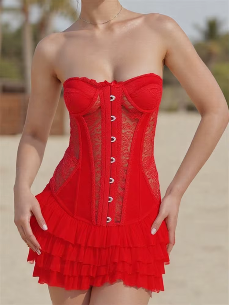 Casual Strapless Off Shoulder Streetwear Layered Ruffles Mini Dress - Image 4