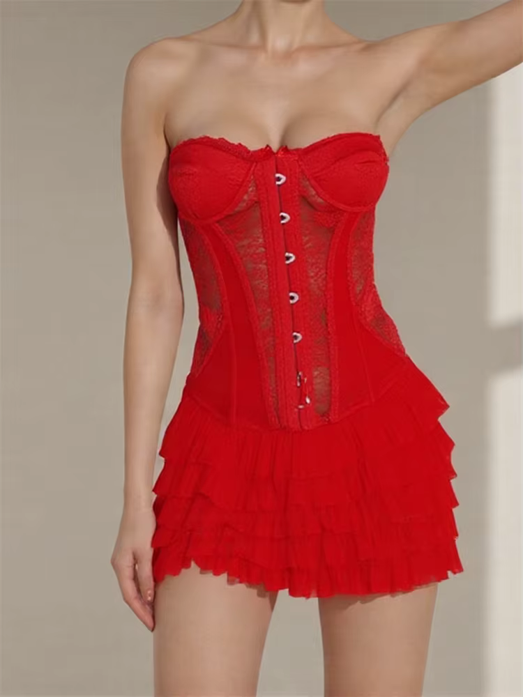 Casual Strapless Off Shoulder Streetwear Layered Ruffles Mini Dress - Image 6