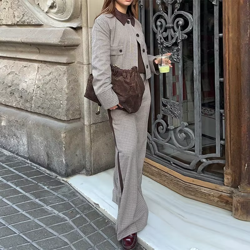 Casual Street Plaid Lapel Buttons Crop Jacket Short Pleated A-line Skirts Set