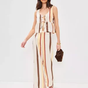 Casual Striped Sleeveless Top And Loose Leg Pants 2 Piece Set