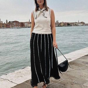 Casual Striped Strap Long Skirt With Elastic High Waist Tassel Trim