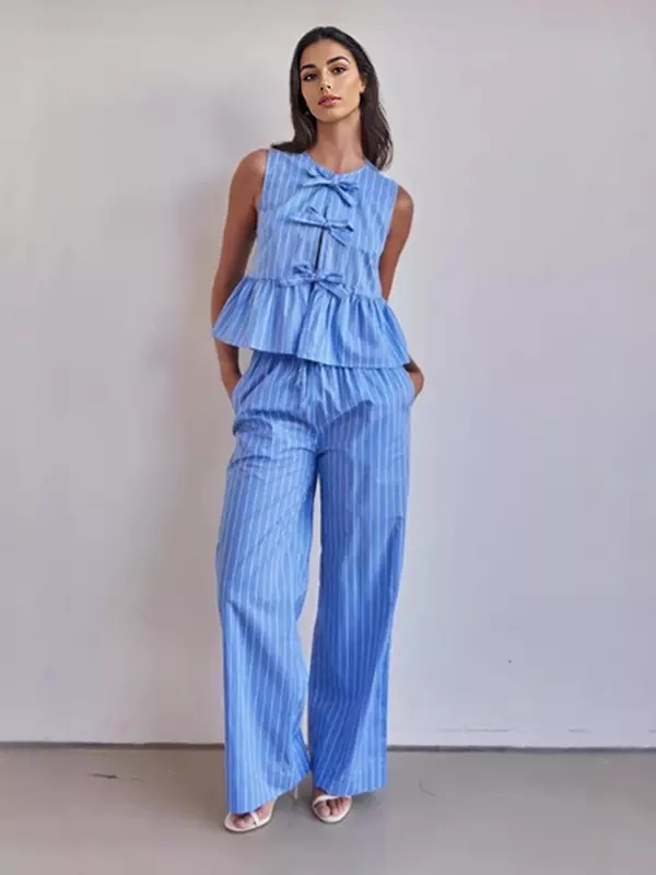 Casual Stripes Sleeveless Top And Loose Leg Pants 2 Piece Set - Image 3