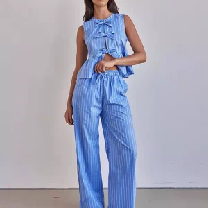 Casual Stripes Sleeveless Top And Loose Leg Pants 2 Piece Set