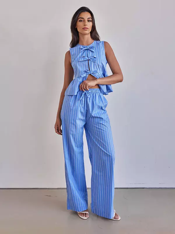 Casual Stripes Sleeveless Top And Loose Leg Pants 2 Piece Set