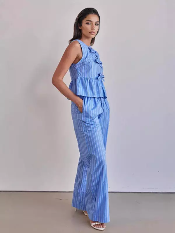 Casual Stripes Sleeveless Top And Loose Leg Pants 2 Piece Set - Image 2