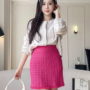 Casual Tassel Empire Folds High Waist Bodycon Medium Stretch Mini Skirts