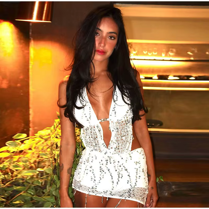 Casual Tassels Sequin Halter Hollow Out Spliced Tops Hip Package Mini Skirts Two Piece Set