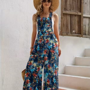 Casual Tie-Dye Flower Print Wide Leg Suspenders Long Romper