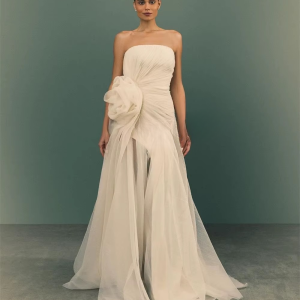 Casual Tulle Ruched Draped Handmade Flower A-line Strapless Bespoke Occasion Dresses