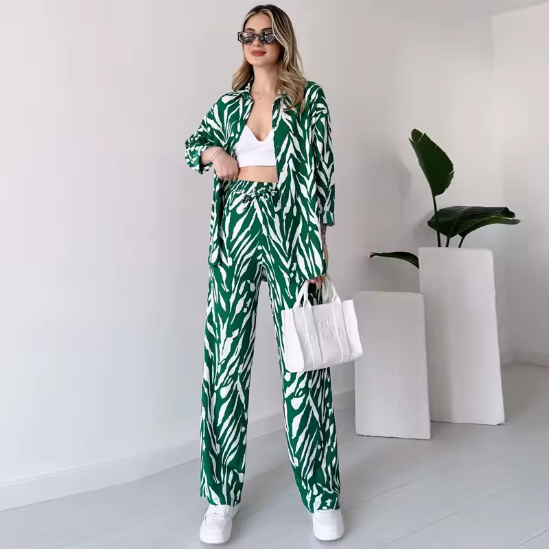 Casual Turn-down Collar Daily Outfit Wide Leg Pants Shirt Two-piece Set