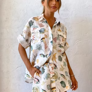 Casual Loose Turn-down Collar Short Sleeve Tops And Shorts 2 Pieces Set