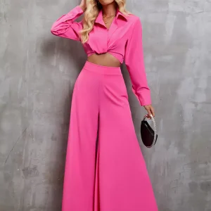 Casual Turndown Collar Long Sleeve Top And Wide-leg Pants Two-Piece Set