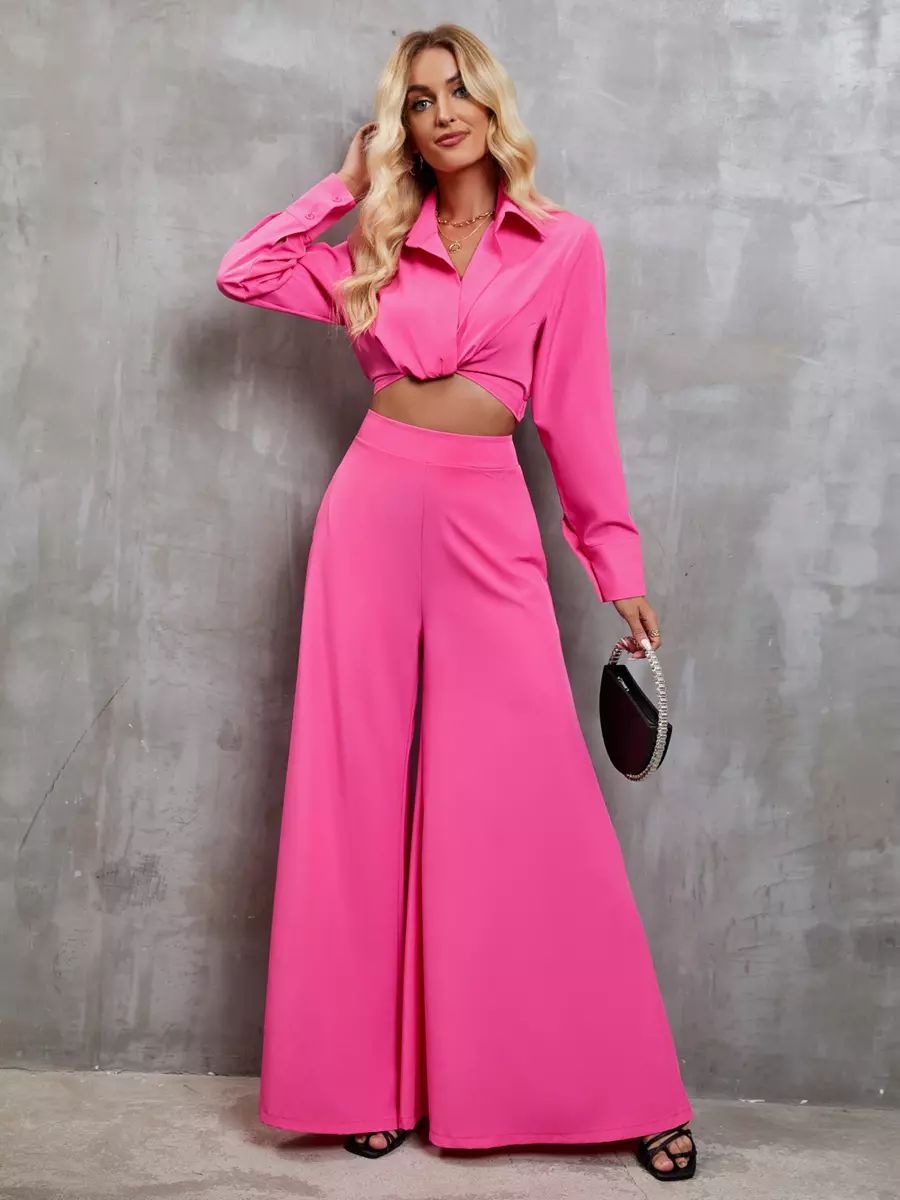 Casual Turndown Collar Long Sleeve Top And Wide-leg Pants Two-Piece Set