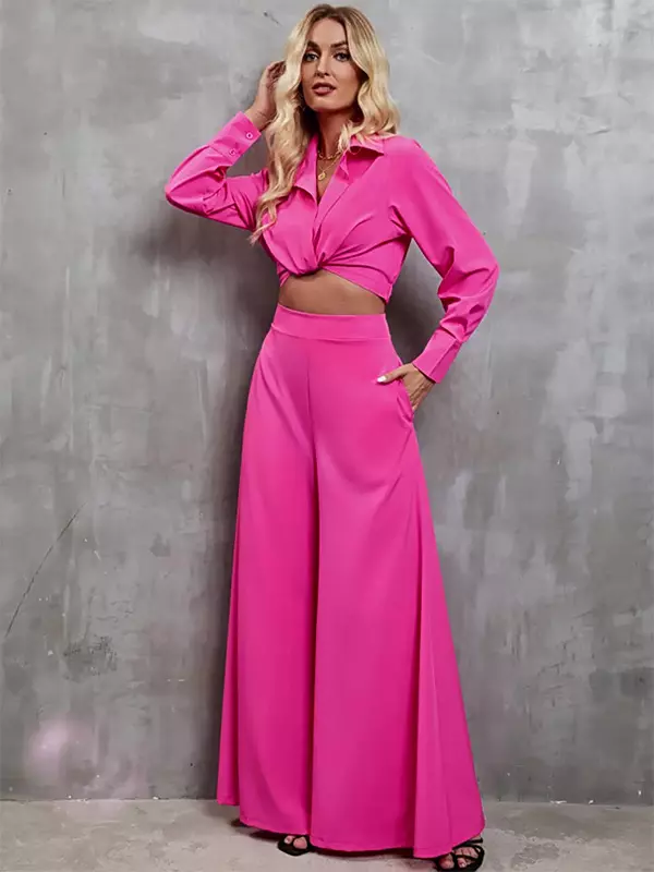 Casual Turndown Collar Long Sleeve Top And Wide-leg Pants Two-Piece Set - Image 2