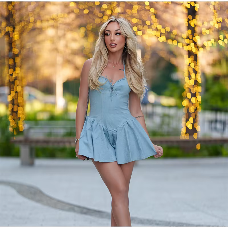 Casual V-Neck Backless Sleeveless Lace-up A-line Halter Mini Dress