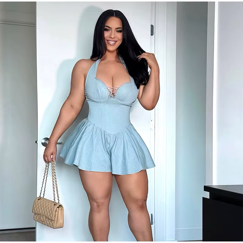 Casual V-Neck Backless Sleeveless Lace-up A-line Halter Mini Dress - Image 5