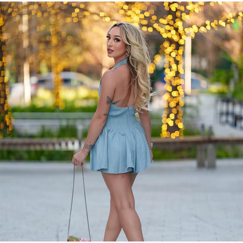 Casual V-Neck Backless Sleeveless Lace-up A-line Halter Mini Dress - Image 3
