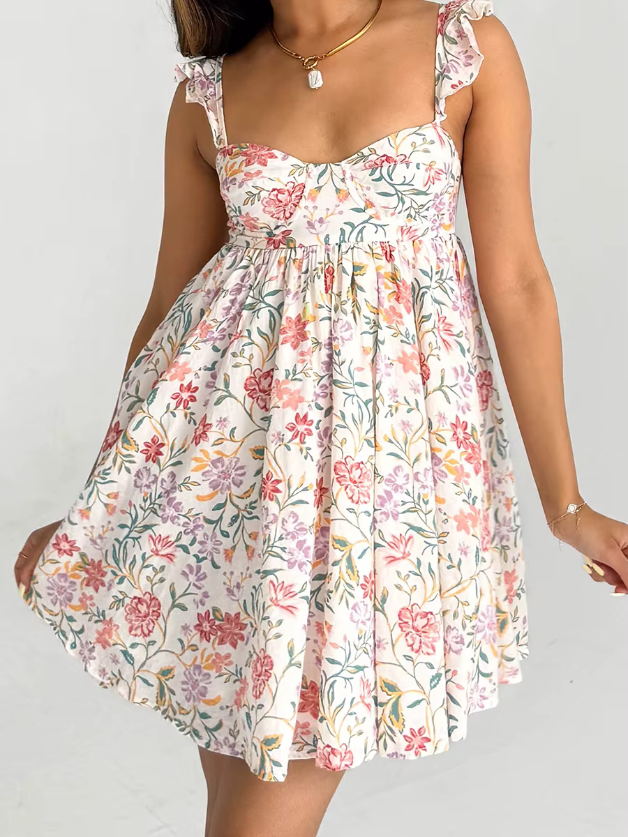 Casual V-Neck Backless Spaghetti Strap Floral Babydoll Mini Dress