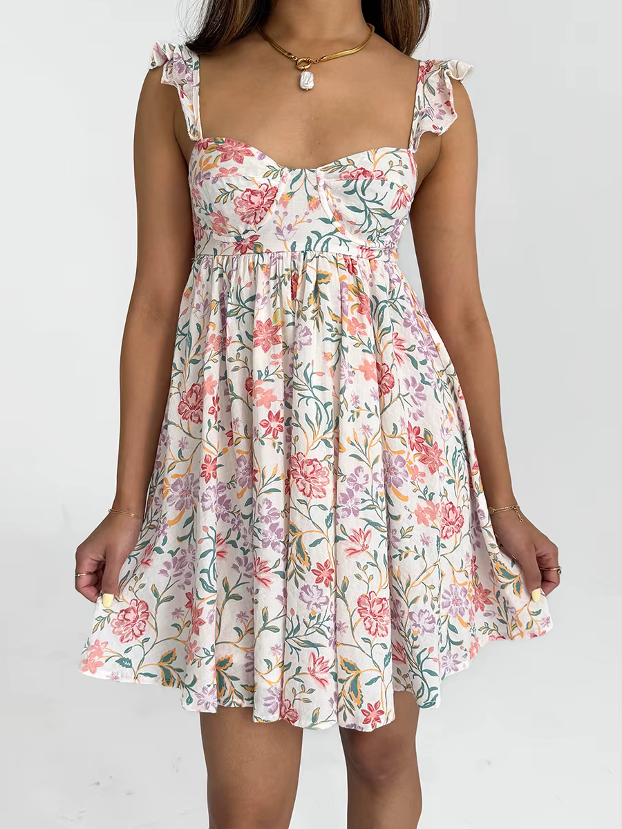 Casual V-Neck Backless Spaghetti Strap Floral Babydoll Mini Dress - Image 2