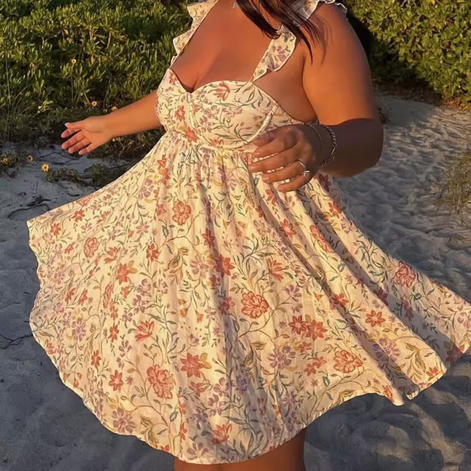 Casual V-Neck Backless Spaghetti Strap Floral Babydoll Mini Dress - Image 3