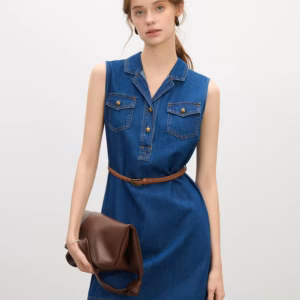 Casual V-Neck Relaxed Fit Collared Vest Streetwear Sleeveless Denim Shirt Dress