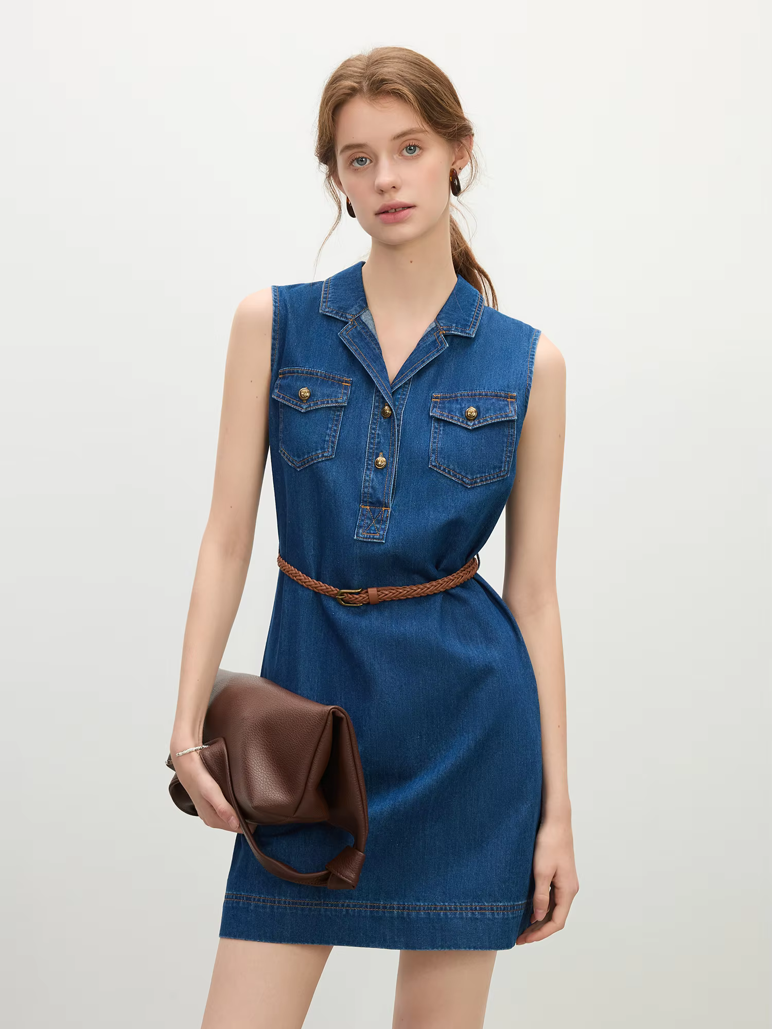 Casual V-Neck Relaxed Fit Collared Vest Streetwear Sleeveless Denim Shirt Dress