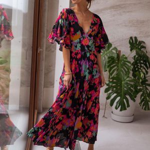 Casual V-Neck Ruffles Printed Beach Style Birthday Party Maxi Dress