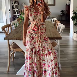 Casual V-Neck Sleeveless Lace Up Pleated Ruffles Floral Print Stretch Maxi Dress