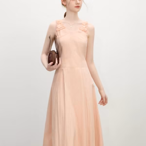 Casual V-Neck Two-Tone Gathered Straps Sleeveless A-Line Midi Dress