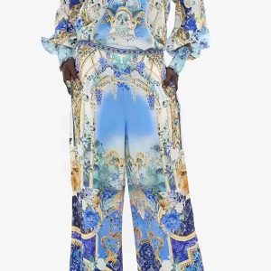 Casual V-neck Beaded Print Long-Sleeved Joker Coat High-Waist Wide-Leg 2 Piece Suit